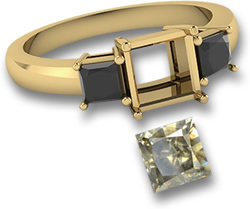 Bague en or jaune avec diamant carré champagne et pierres latérales en spinelle noir