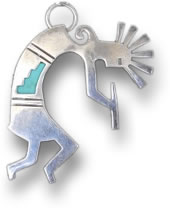 Pendentif Kokopelli en argent avec incrustation turquoise