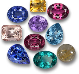 Quelques pierres précieuses populaires de 2016 : saphir, citrine, tourmaline rubellite, morganite, grenat rhodolite, topaze, tanzanite, apatite et quartz rutile.