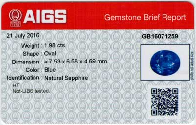 Certificat de pierres précieuses AIGS pour le saphir bleu