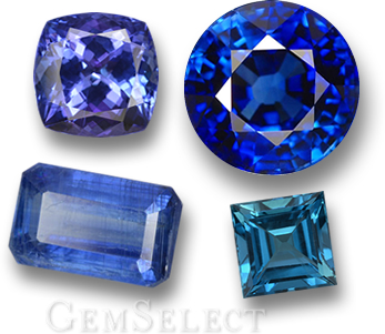 Pierres précieuses bleues – Tanzanite, saphir, cyanite et topaze bleue.