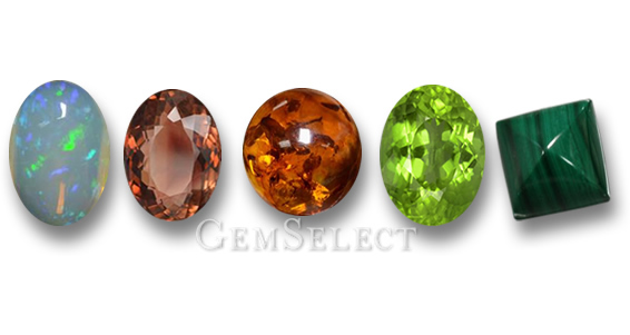 Eau, Terre, Bois, Feu et Métal (Opale, Tourmaline, Ambre, Péridot et Malachite)
