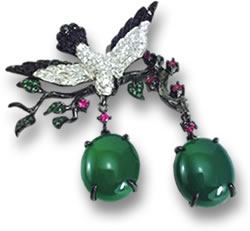 Broche Oiseau en Or Noir avec Saphir Blanc, Spinelle Noir, Saphir Rose et Grenat Tsavorite