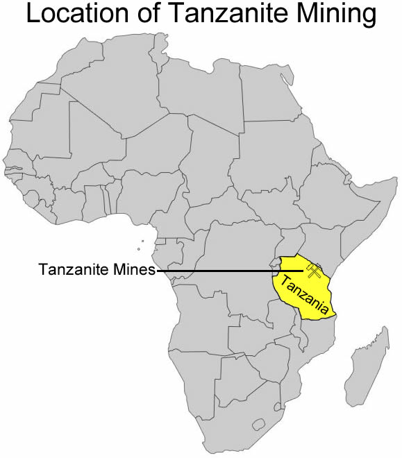 Une carte de l'Afrique montrant l'emplacement des mines de tanzanite en Tanzanie