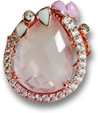 Bague en or rose et quartz rose avec émail rose et blanc et accents de saphir blanc