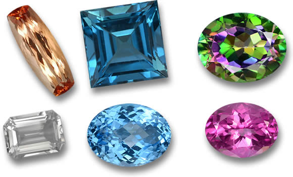 Couleurs de topaze : topaze bleue, topaze mystique, topaze impériale, topaze blanche et topaze rose