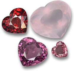 Gemmes d'amour : grenat pyrope, quartz rose, grenat rhodolite et cœurs en saphir rose