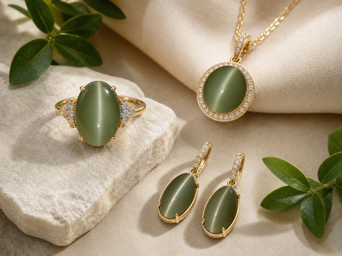 Les pierres précieuses œil-de-chat en actinolite sont présentées en joaillerie.
