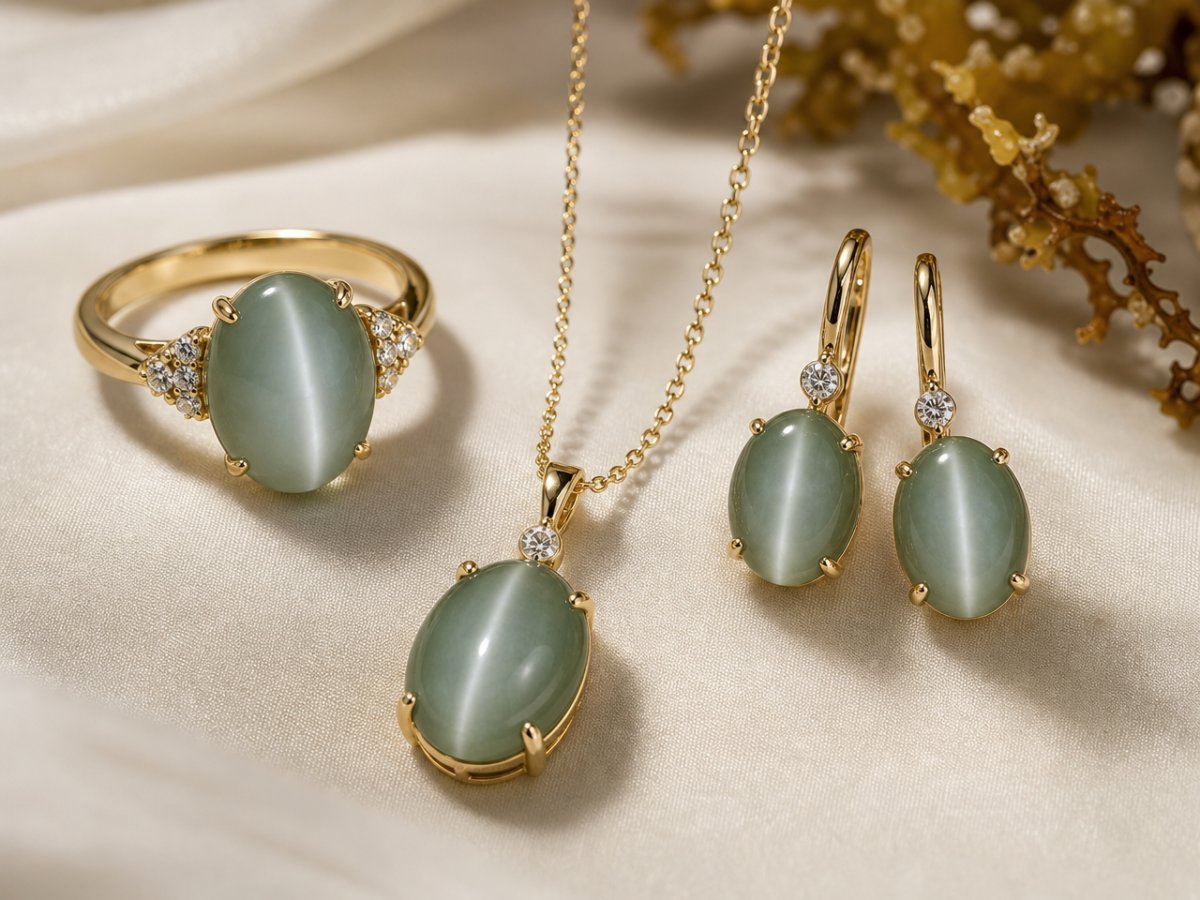 Les pierres précieuses œil-de-chat en actinolite sont présentées en joaillerie.