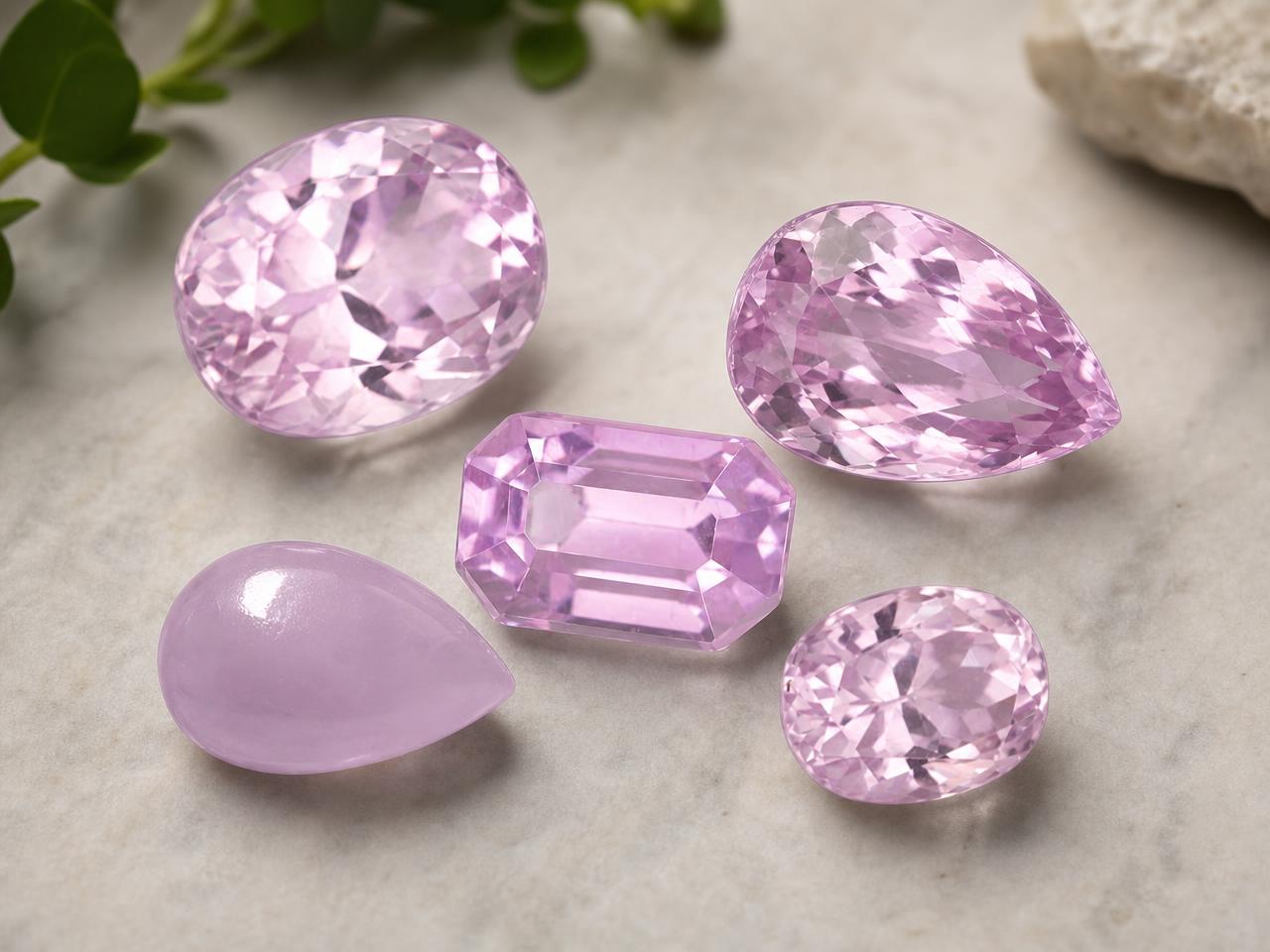 Pierres précieuses de kunzite d'Afghanistan en vrac, dans les tons roses et lilas.