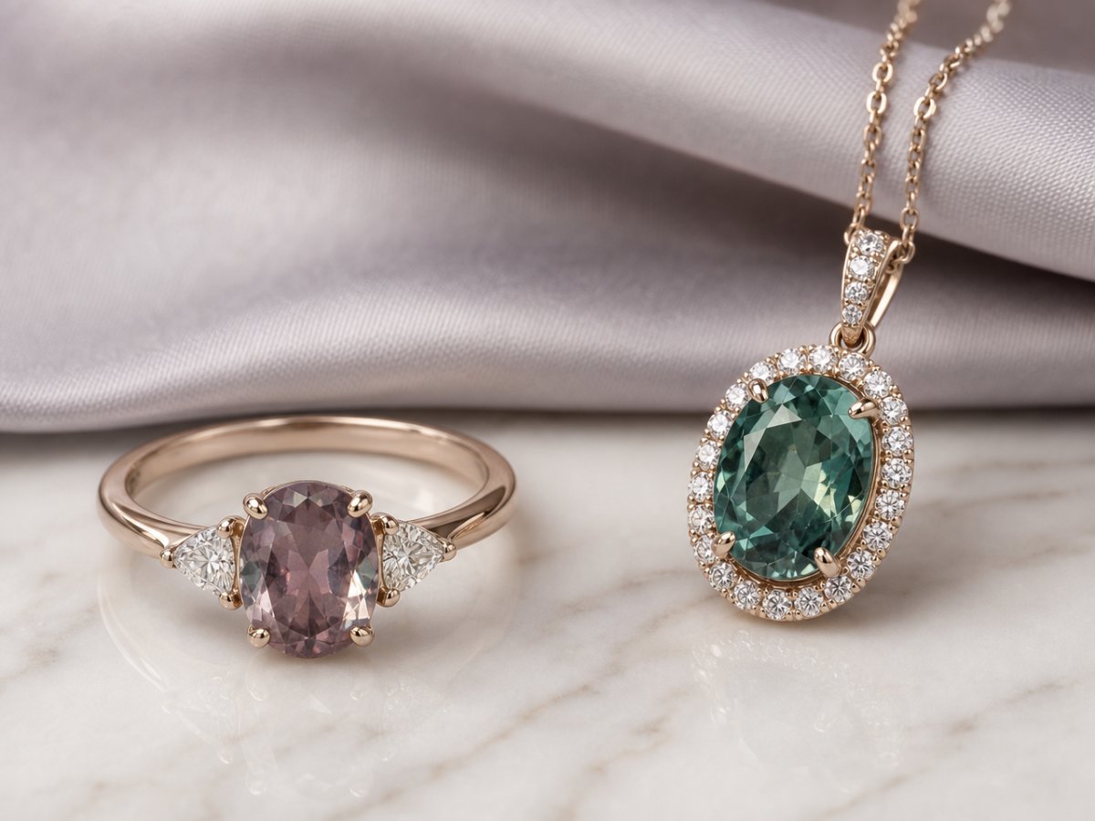 Les pierres précieuses d'alexandrite sont présentées en joaillerie
