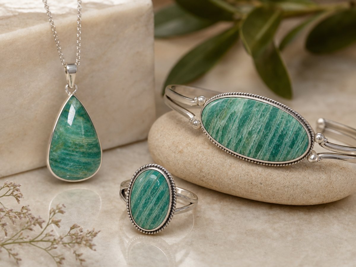 Les pierres précieuses d'amazonite sont présentées en joaillerie