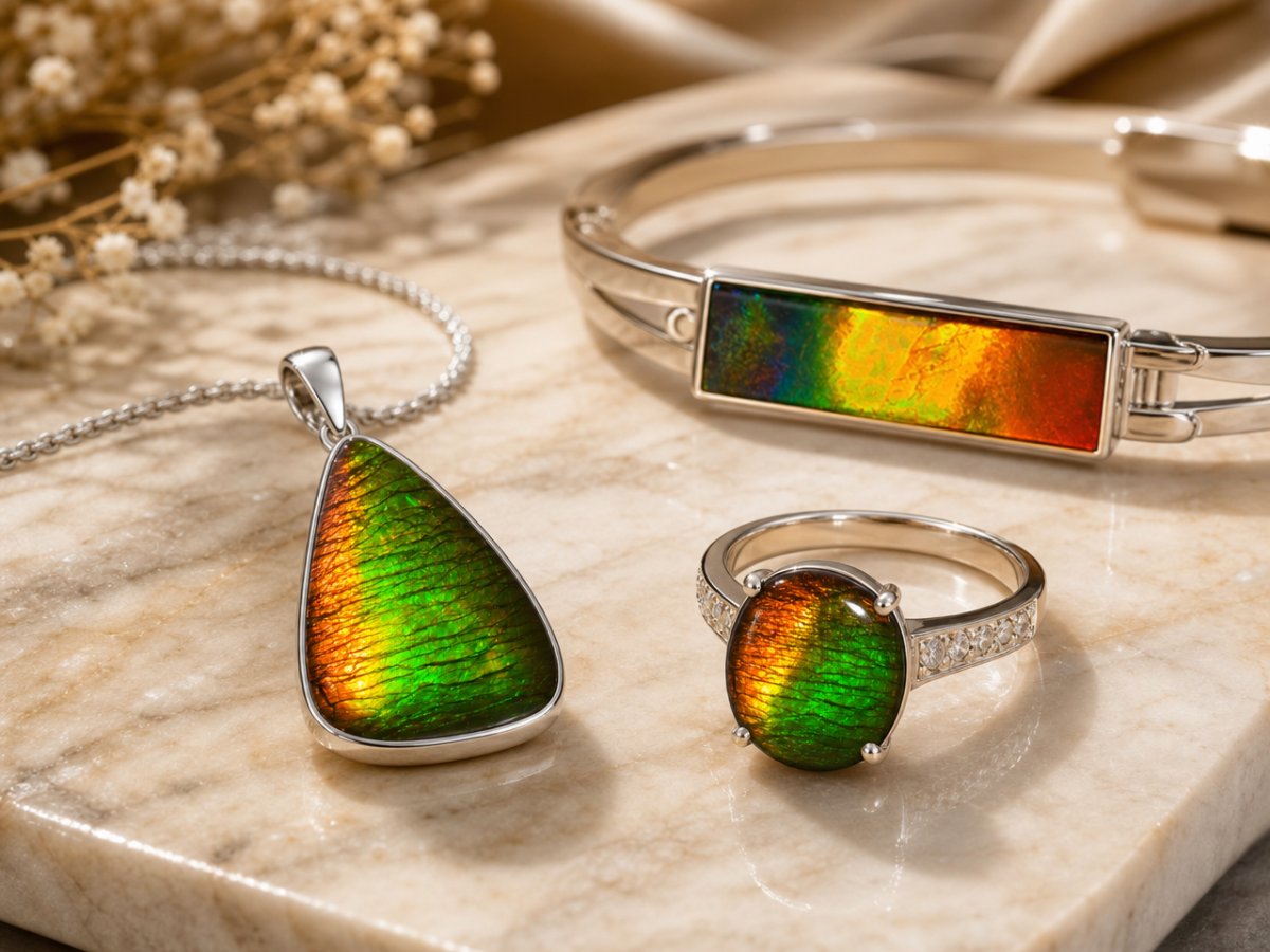 Les pierres précieuses d'ammolite sont présentées en joaillerie
