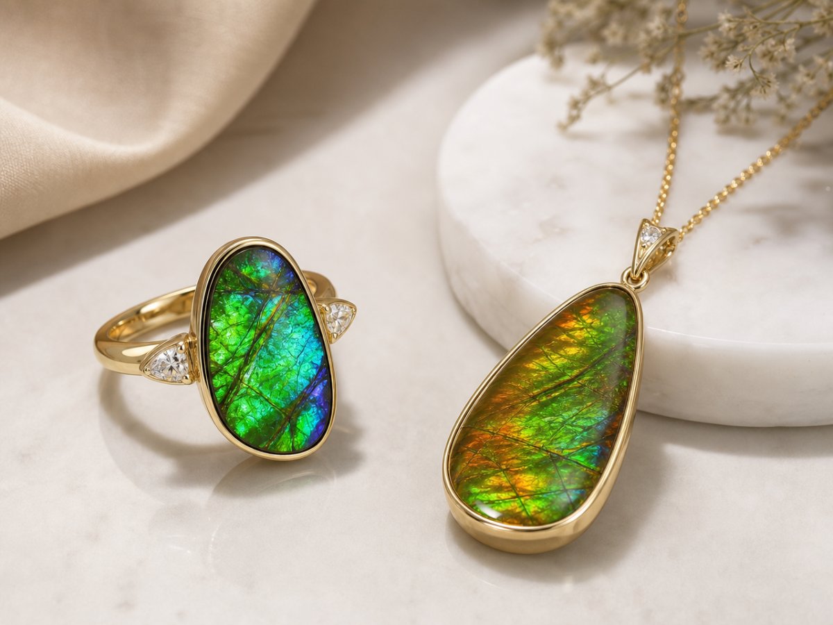 Les pierres précieuses d'ammolite sont présentées en joaillerie