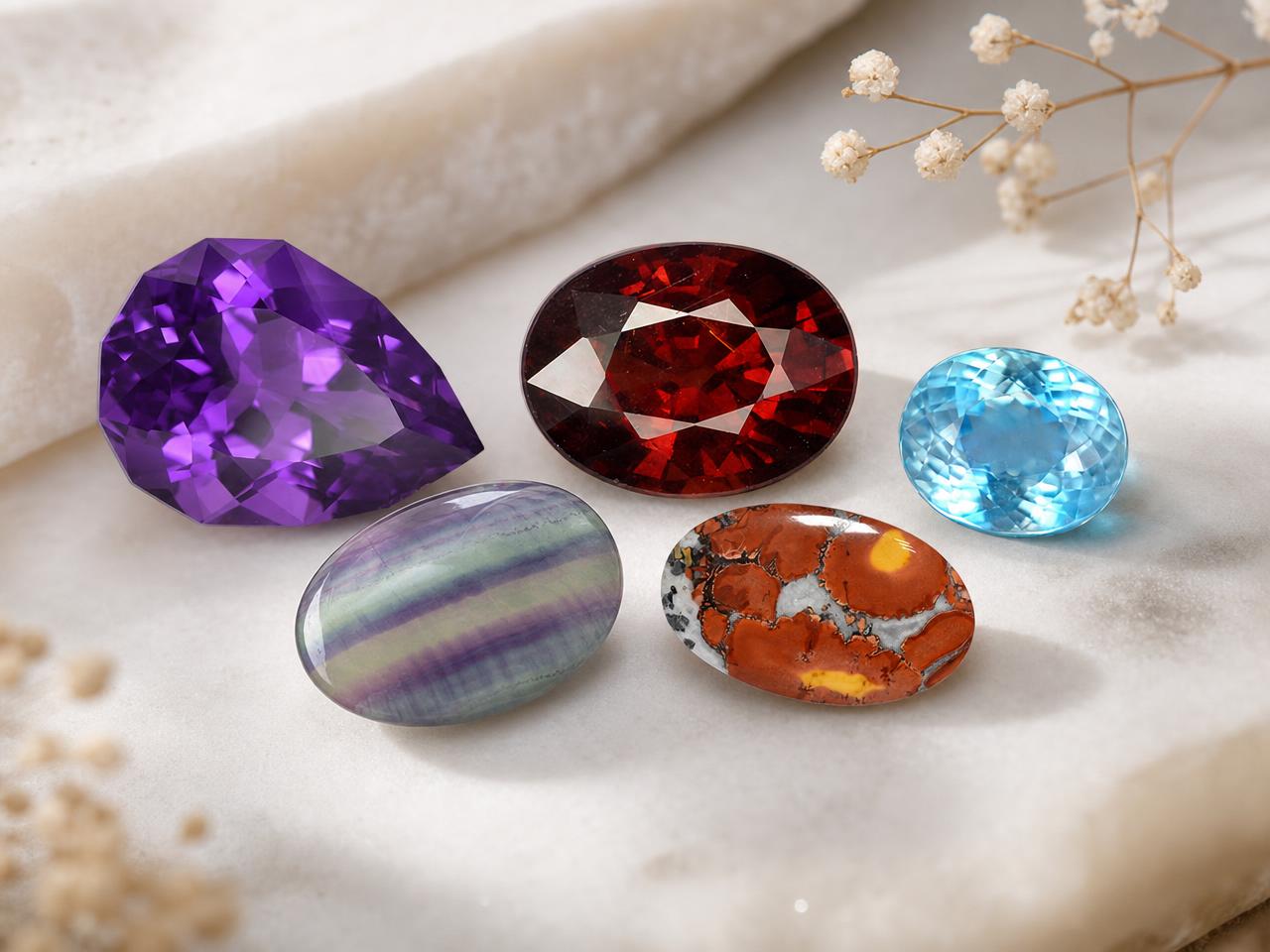 Pierres de naissance du Verseau en vrac, de couleur violette, rouge, bleue et turquoise