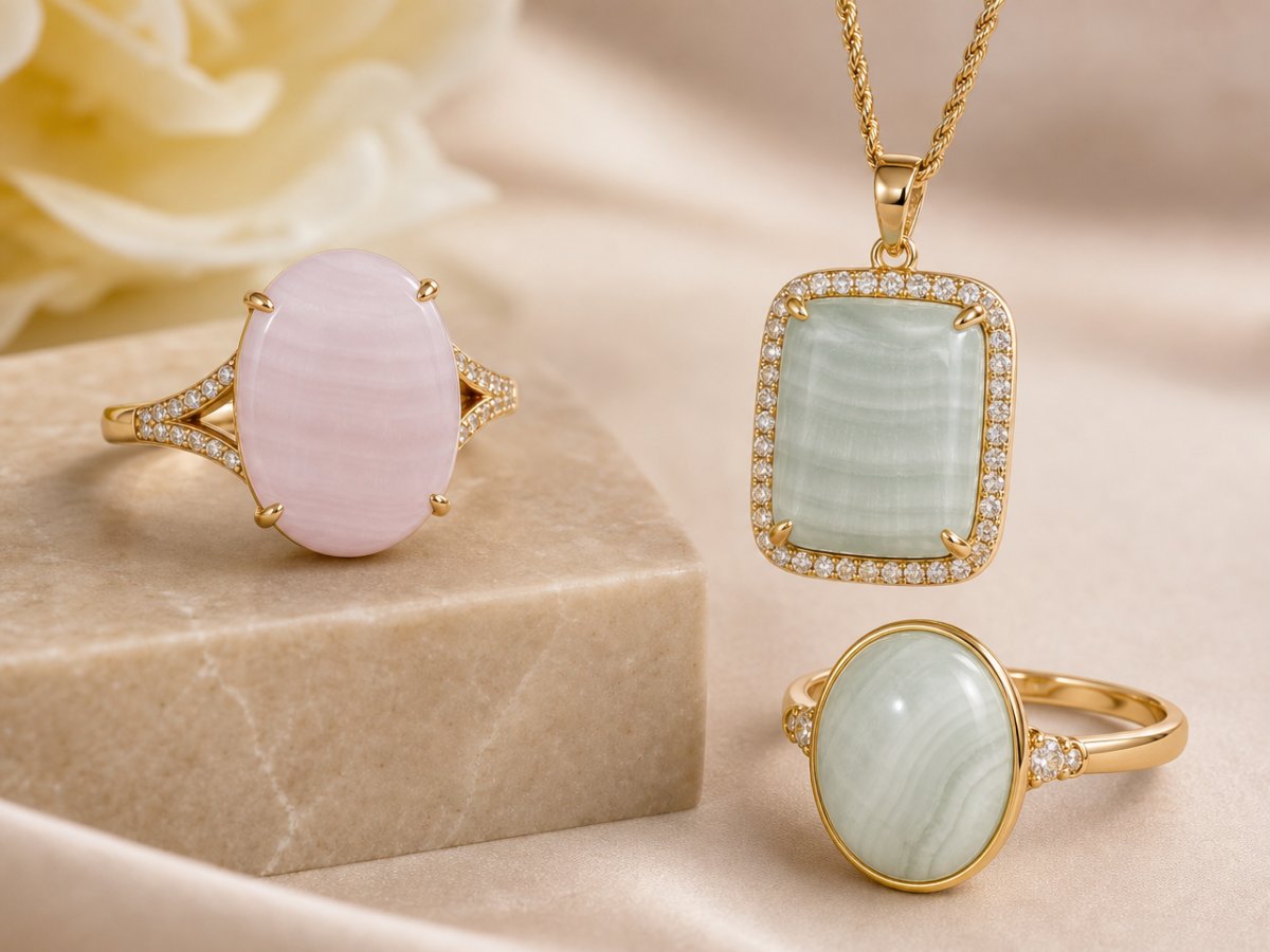 Pierres précieuses d'aragonite présentées en joaillerie