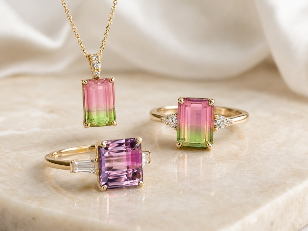 Pierres précieuses de tourmaline bicolore présentées en joaillerie