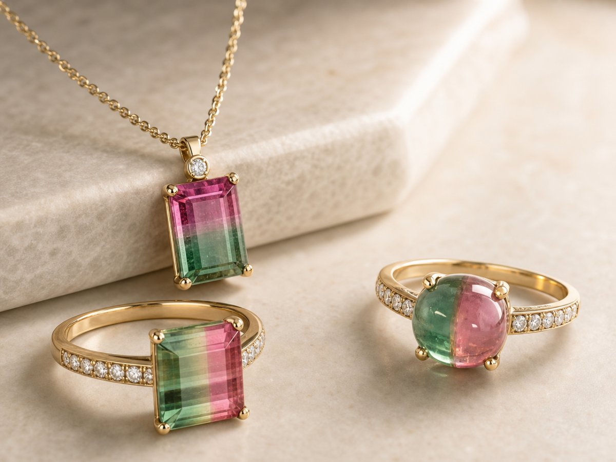 Pierres précieuses de tourmaline bicolore présentées en joaillerie