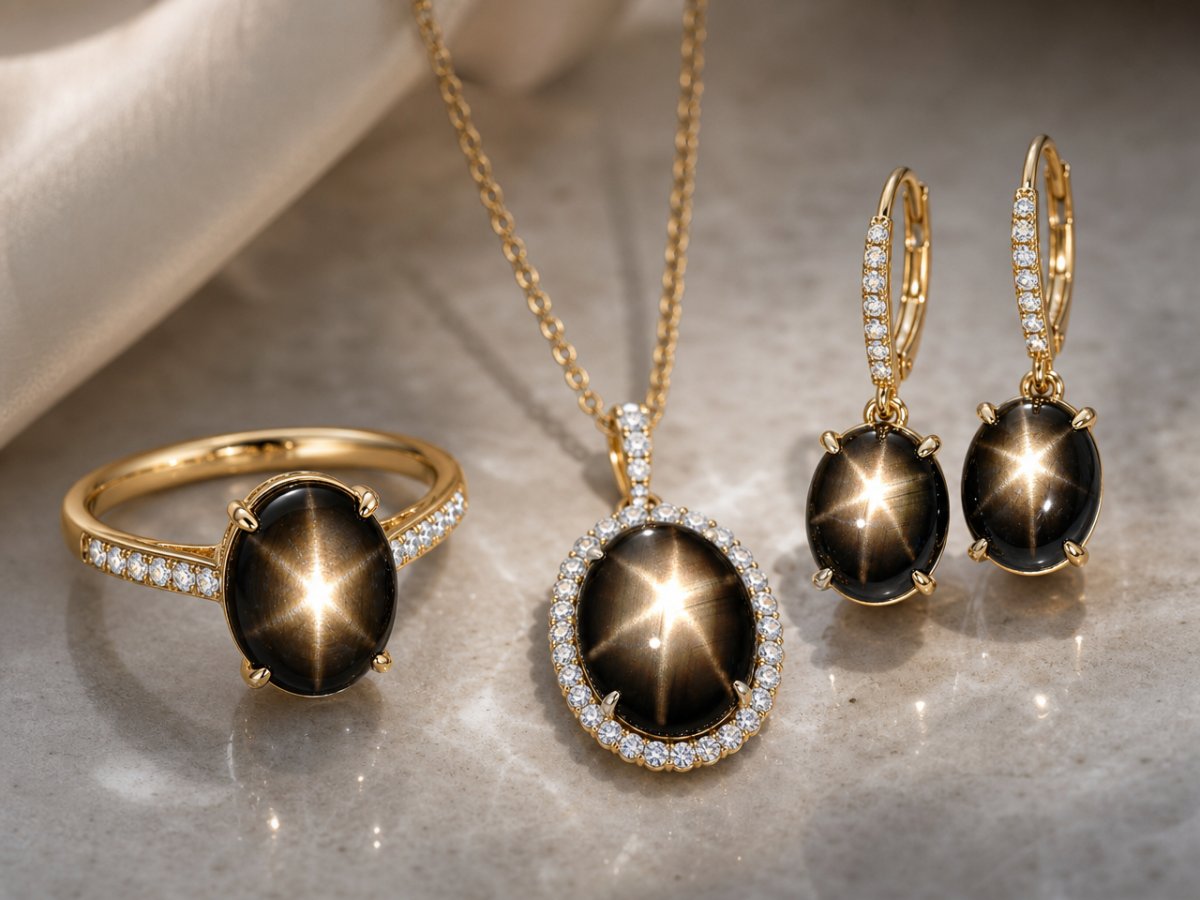 Saphir étoilé noir présenté en joaillerie
