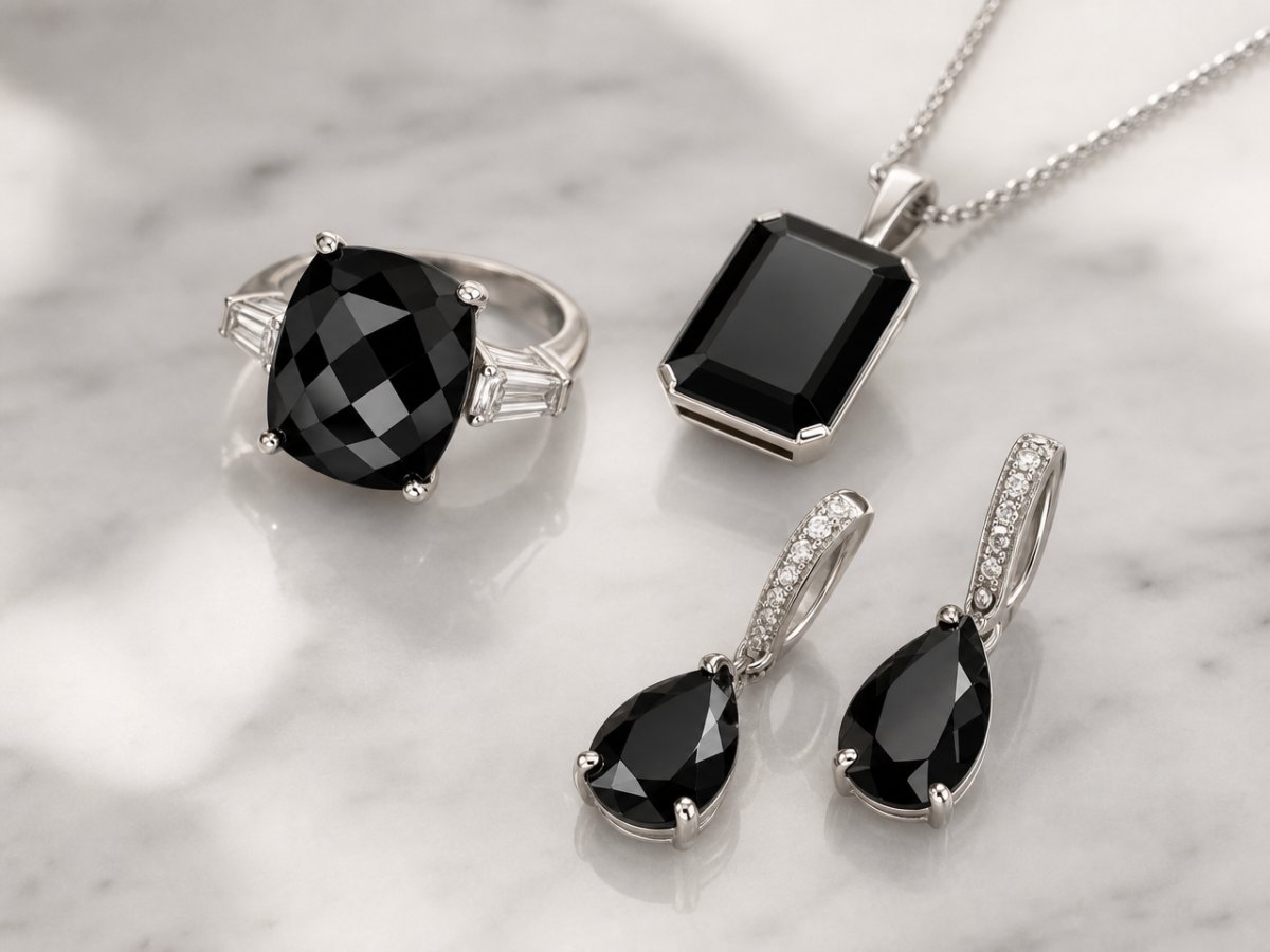 Pierres précieuses de tourmaline noire présentées en joaillerie