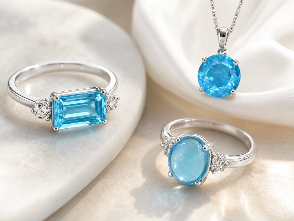 Pierres précieuses d'apatite bleue présentées en joaillerie