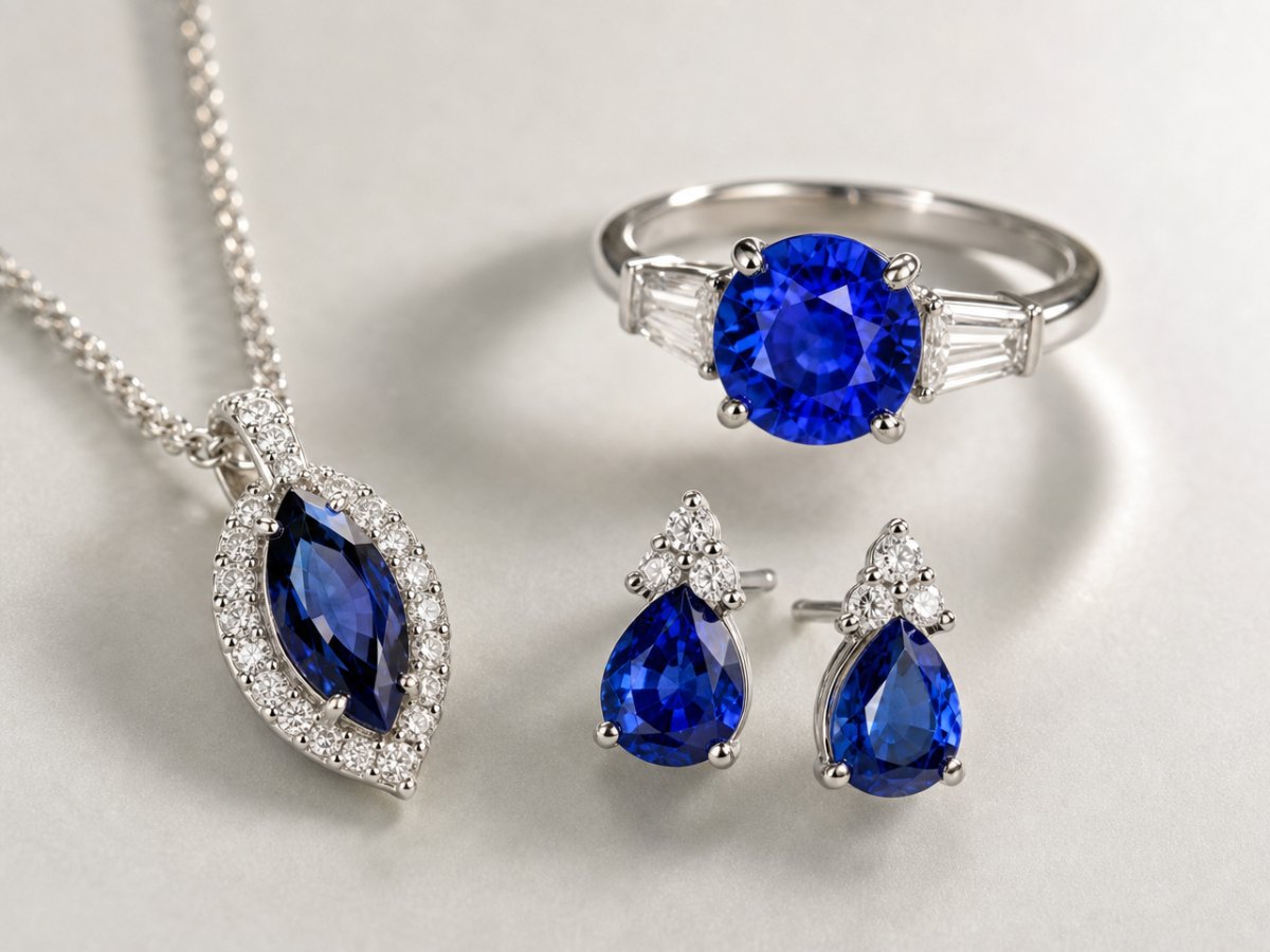 Pierres précieuses de saphir bleu présentées en joaillerie