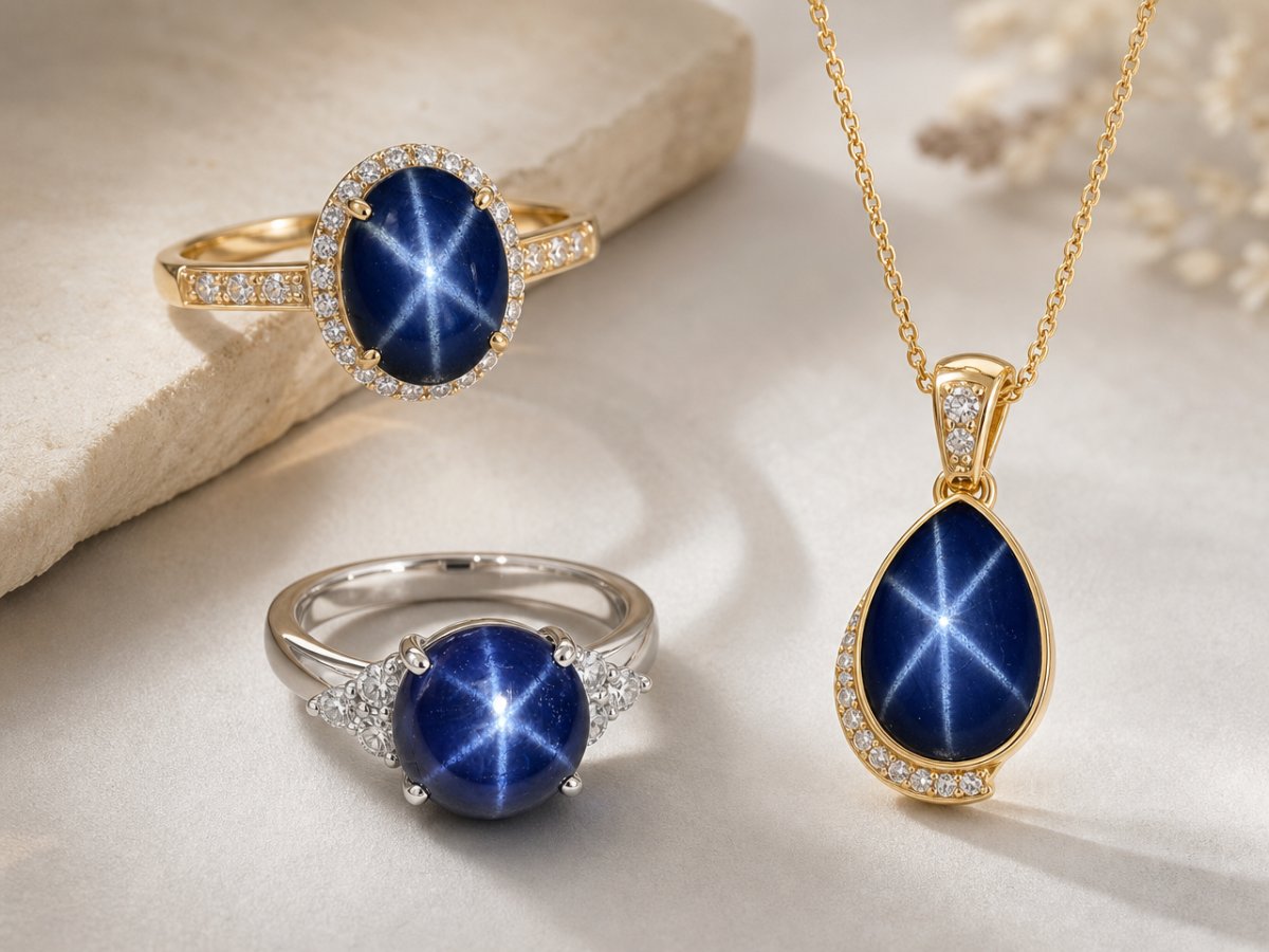 Saphir étoilé bleu présenté en joaillerie