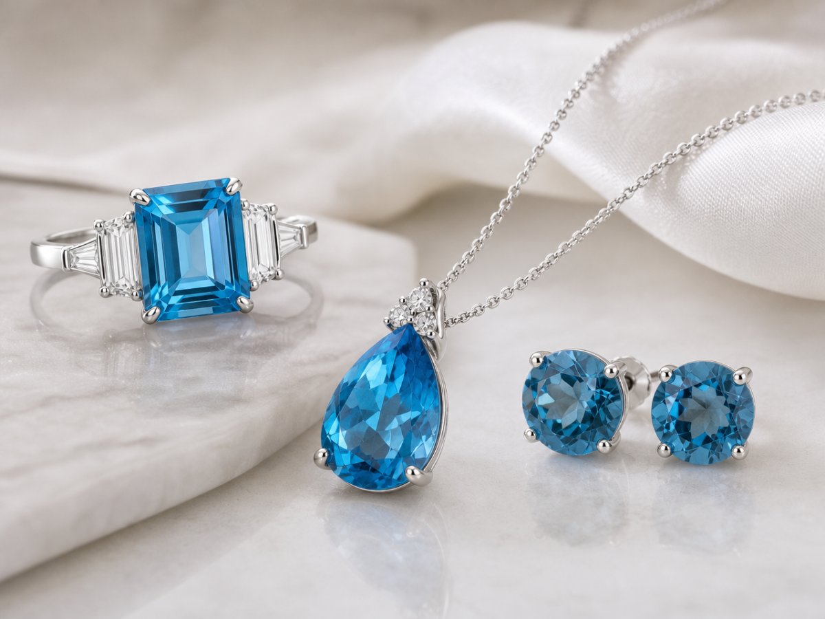Les pierres précieuses de topaze bleue sont présentées en joaillerie
