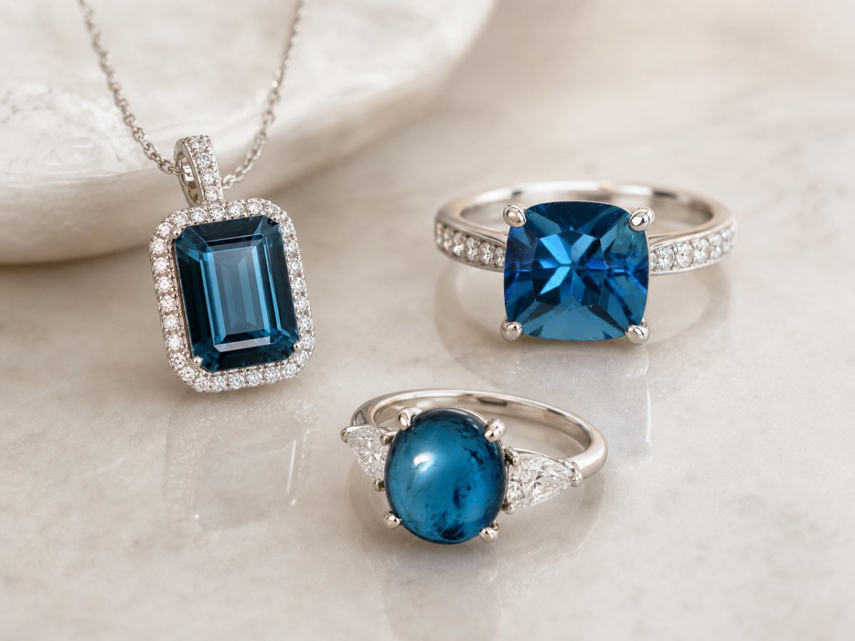 Pierres précieuses de tourmaline bleue présentées en joaillerie