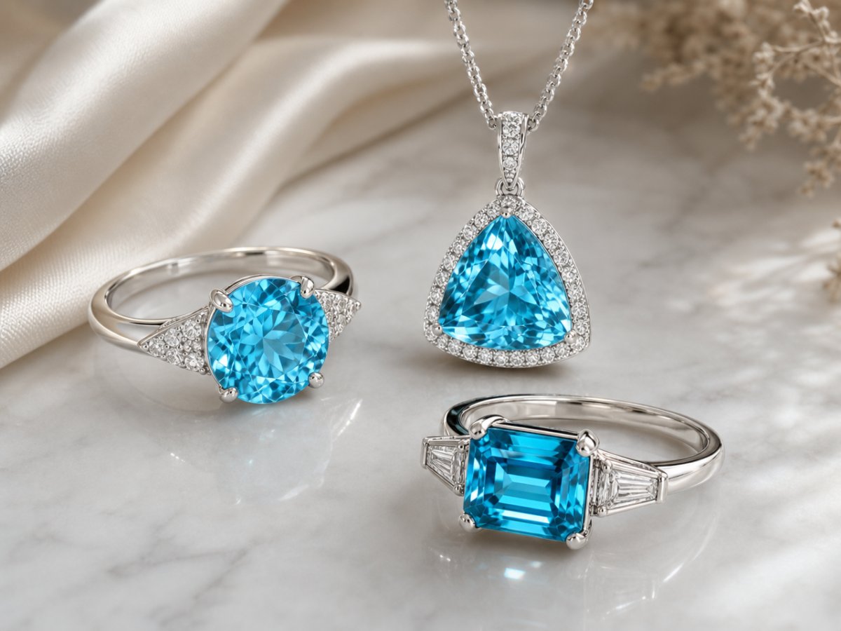 Pierres précieuses de zircon bleu présentées en joaillerie