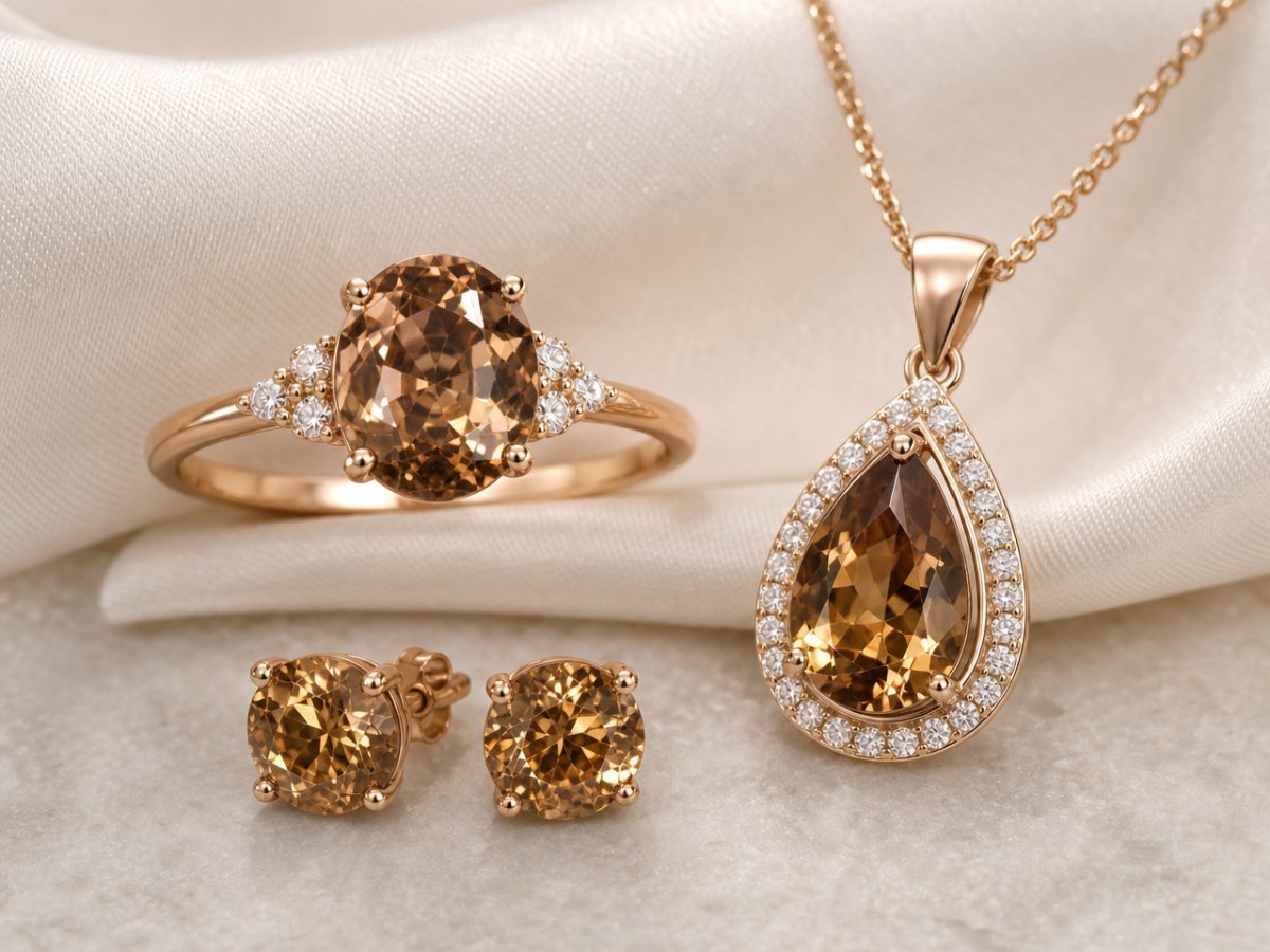Pierres précieuses en zircon brun présentées en joaillerie