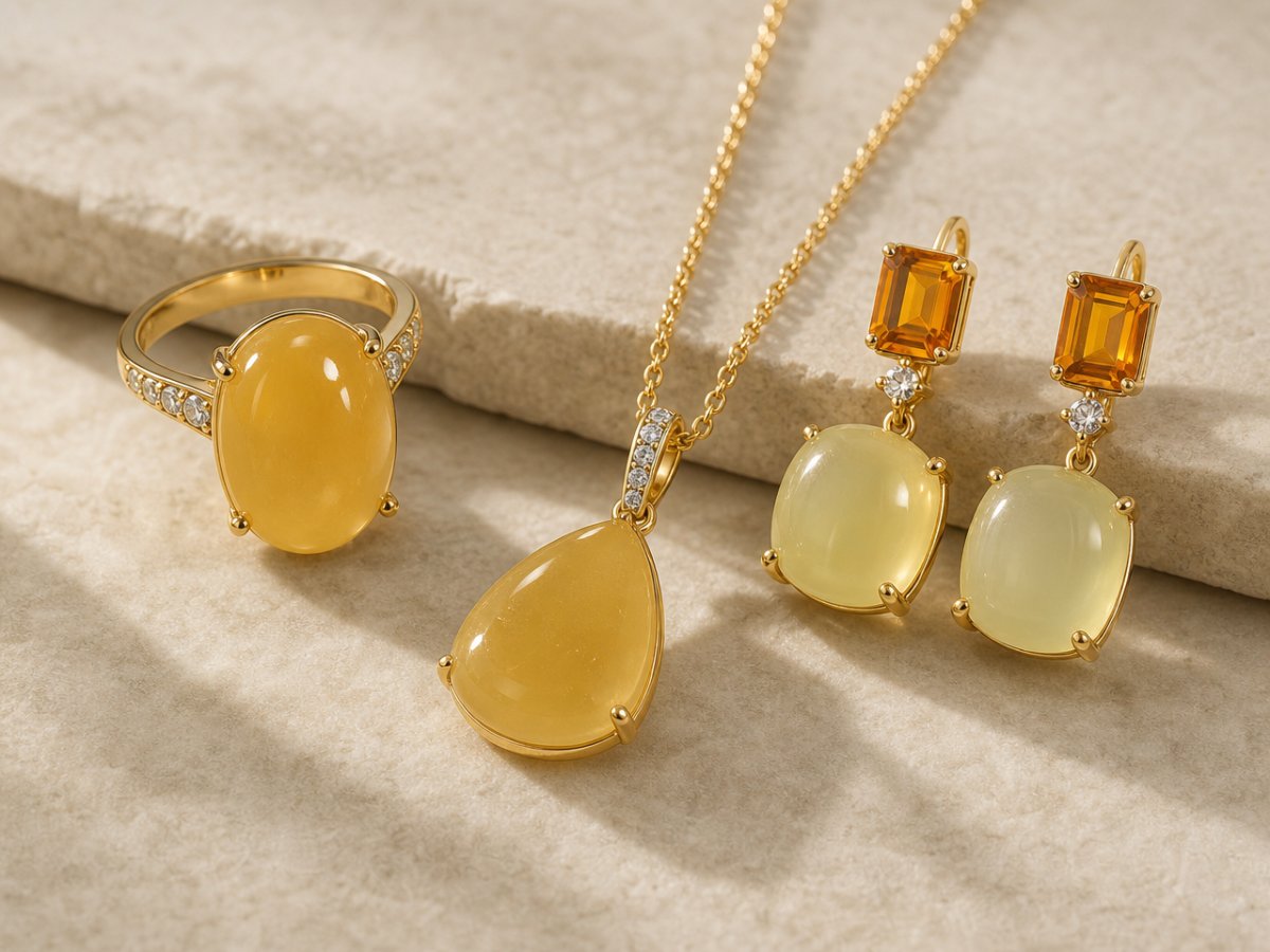 Pierres précieuses de calcite présentées en joaillerie
