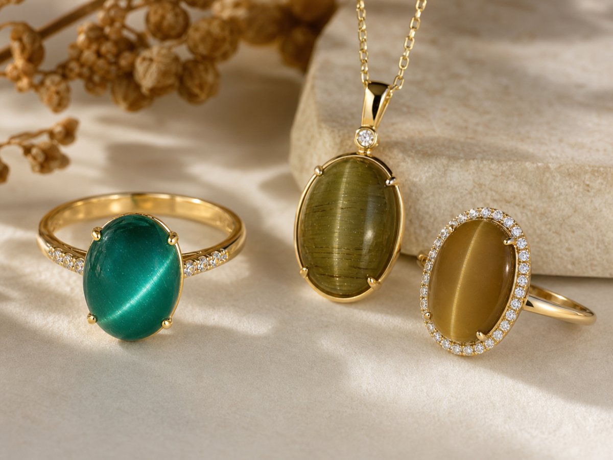 Pierres précieuses d'apatite œil-de-chat présentées en joaillerie