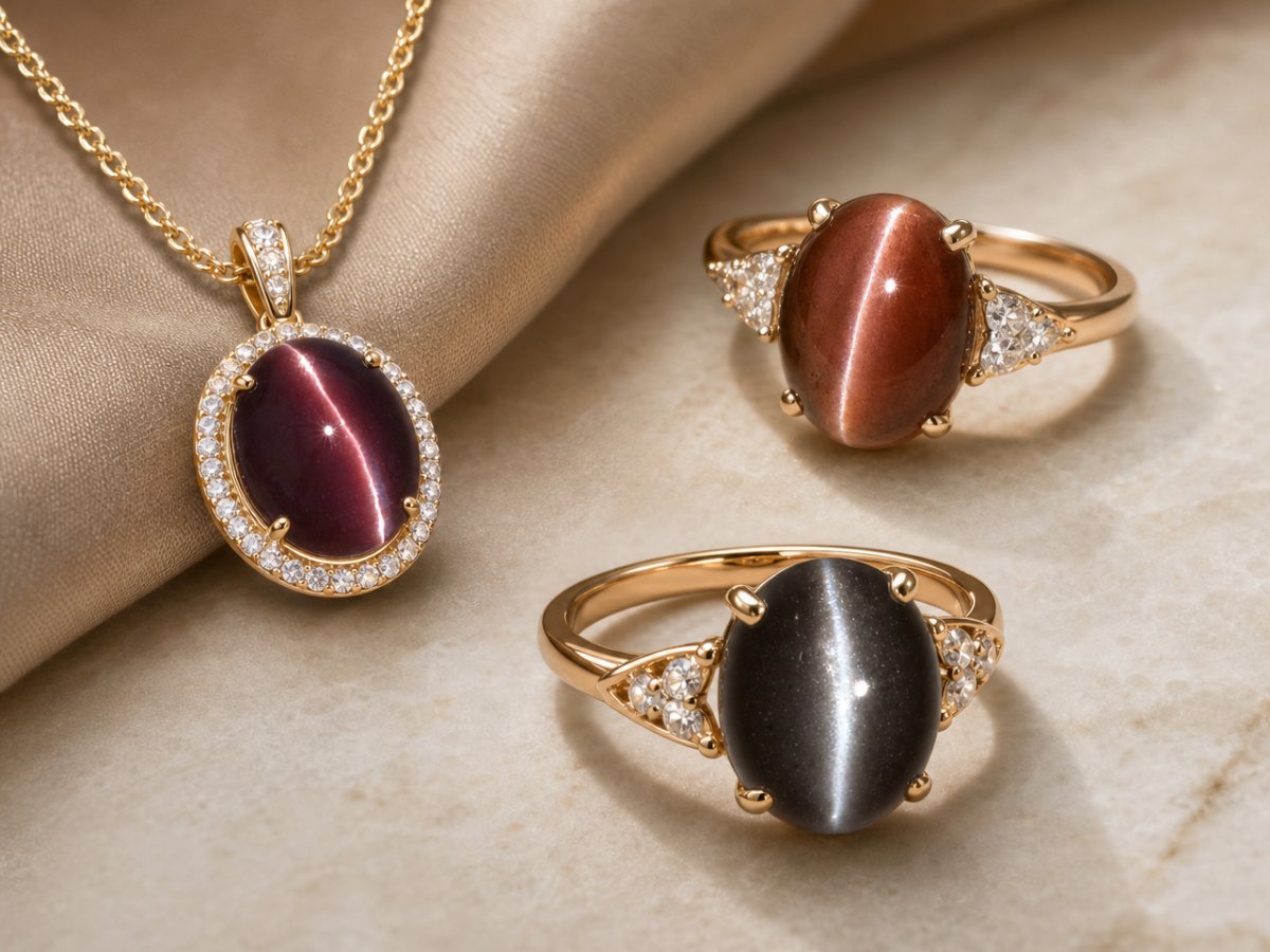Pierres précieuses de scapolite œil-de-chat présentées en joaillerie