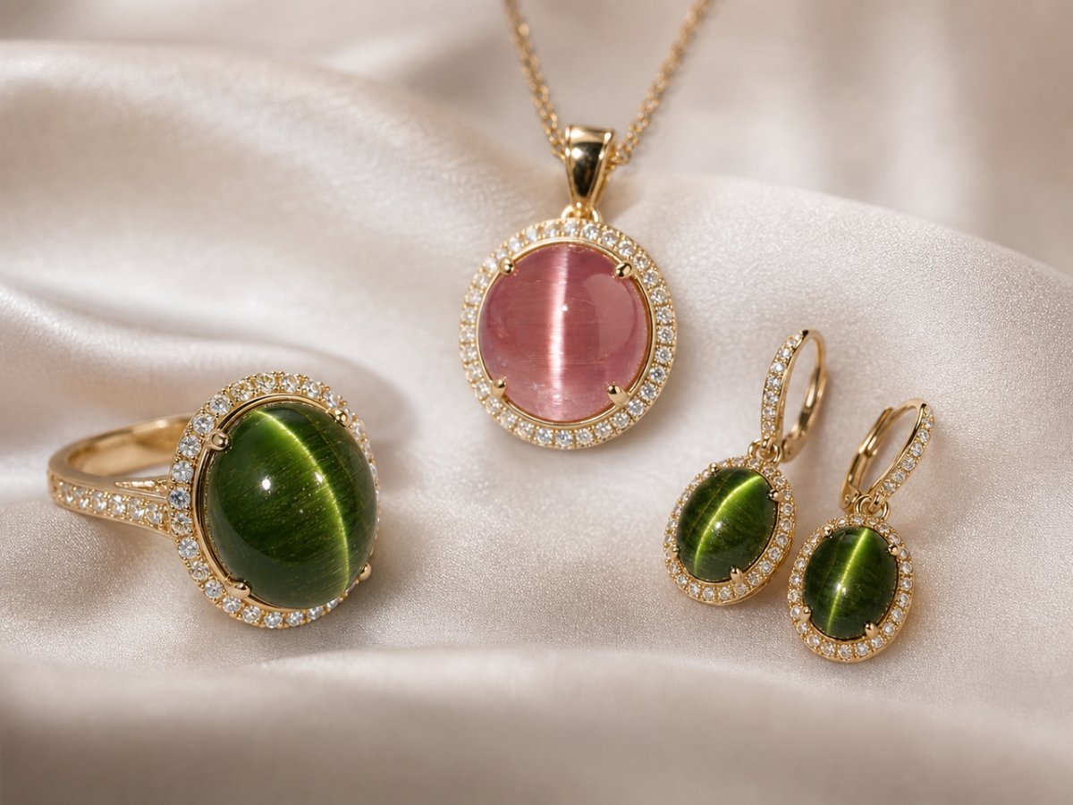 Pierres précieuses de tourmaline œil-de-chat présentées en joaillerie