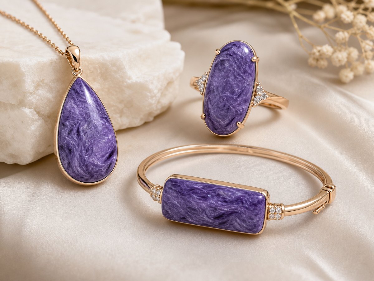 Charoïte, une pierre précieuse, présentée en joaillerie
