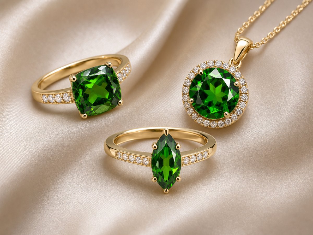 Les pierres précieuses de diopside chromifère sont présentées en joaillerie