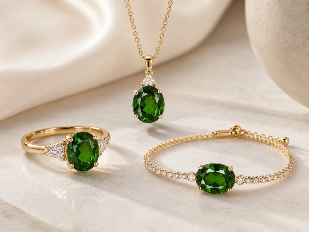 Les pierres précieuses de diopside chromifère sont présentées en joaillerie