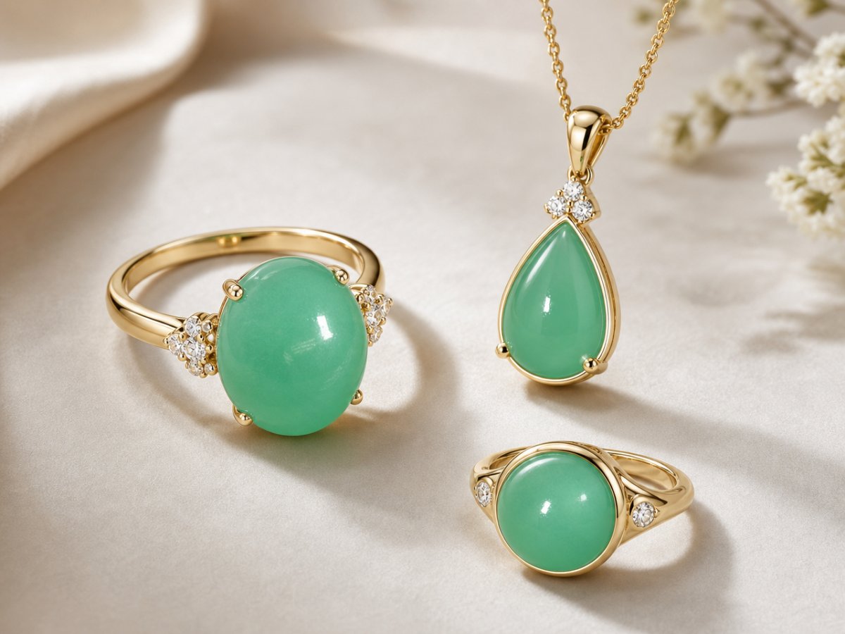 Pierres précieuses de chrysoprase présentées en joaillerie