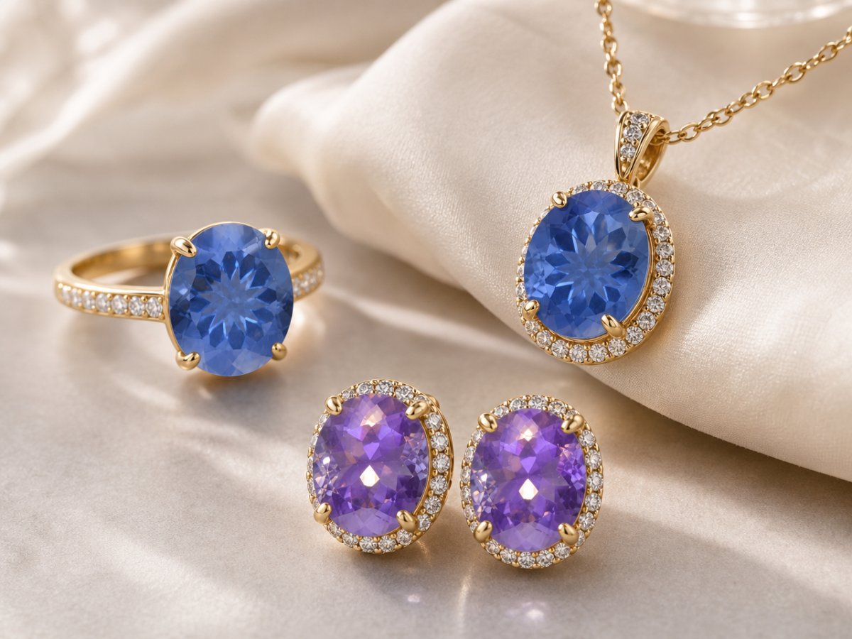 Les pierres précieuses de fluorite à changement de couleur sont présentées en joaillerie