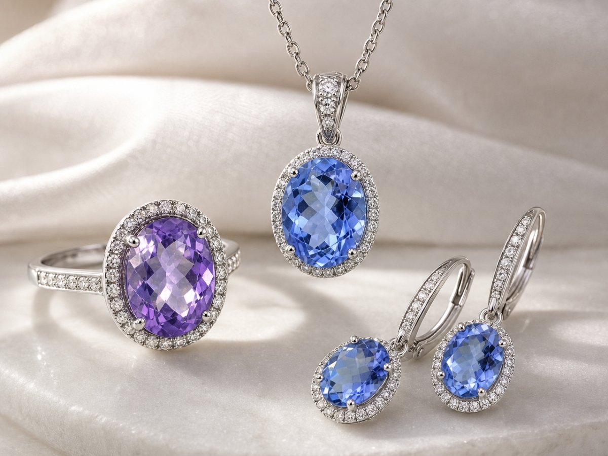 Les pierres précieuses de fluorite à changement de couleur sont présentées en joaillerie
