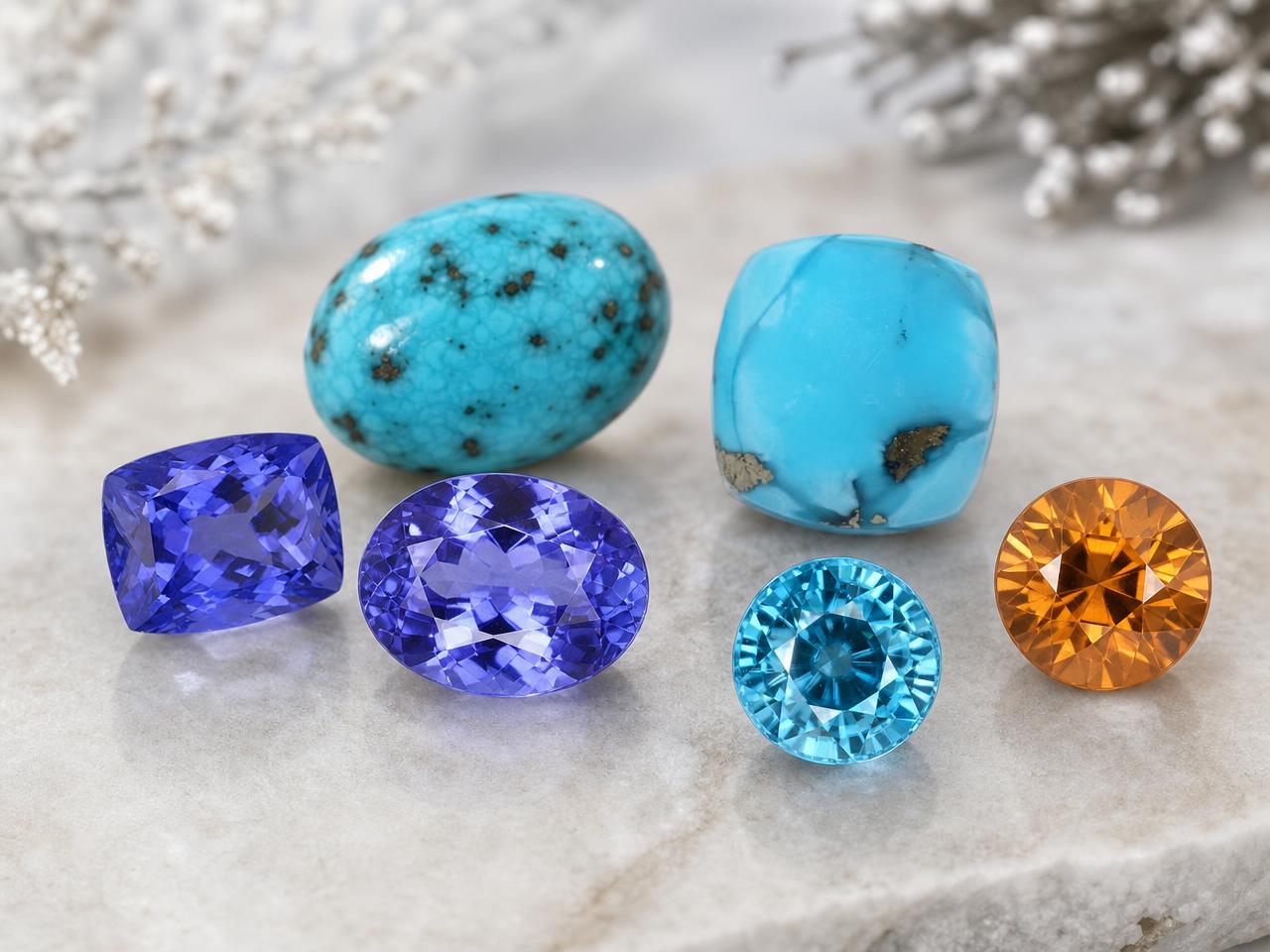 Pierres de naissance de décembre non montées, notamment turquoise, tanzanite et zircon