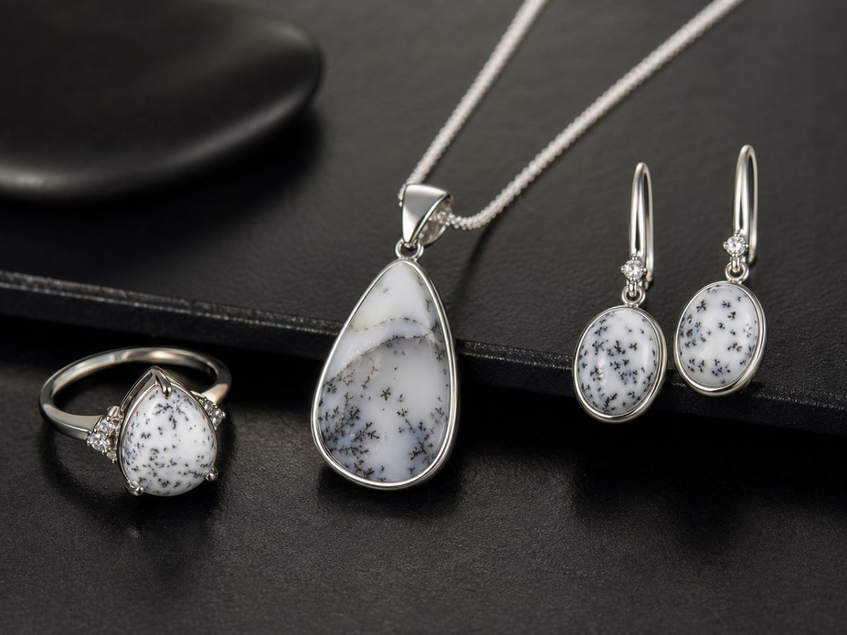 Pierres précieuses d'agate dendritique présentées en joaillerie