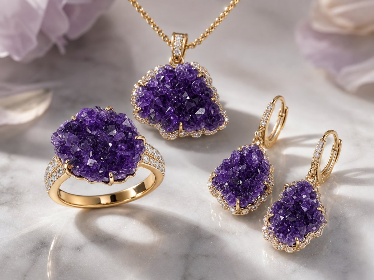 Pierres précieuses d'améthyste druzy présentées en joaillerie