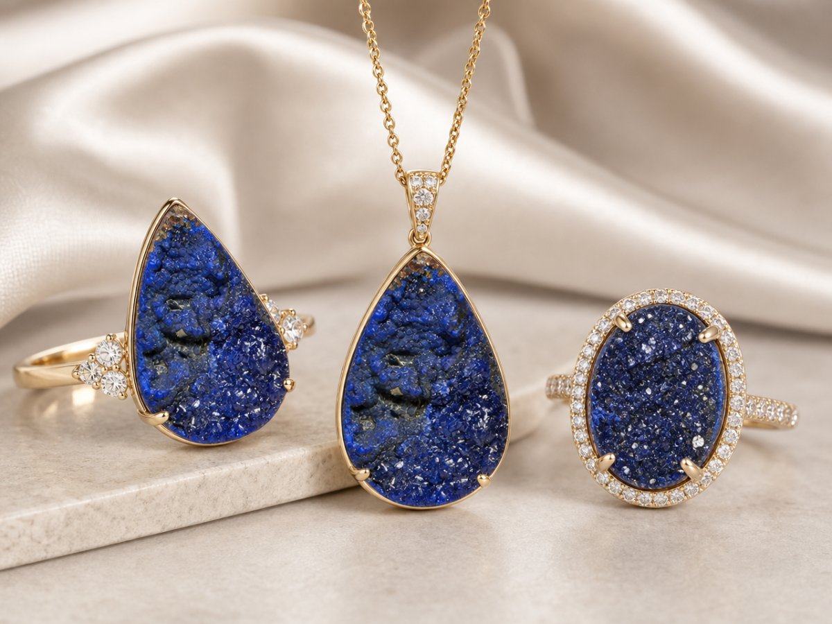 Pierres précieuses d'azurite druzy présentées en joaillerie