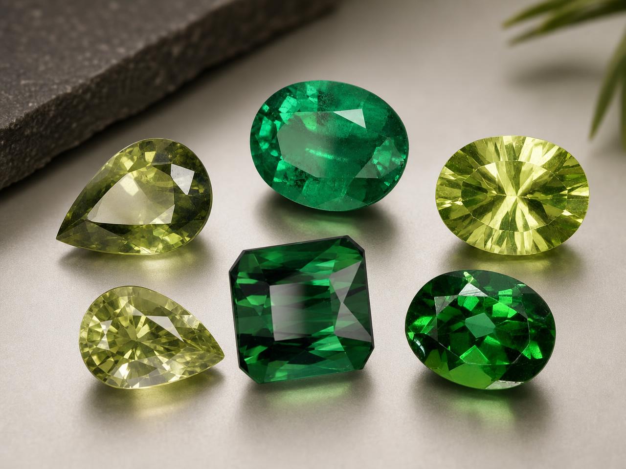 Assortiment de pierres précieuses vertes résistantes, taillées à la main, pour la joaillerie.