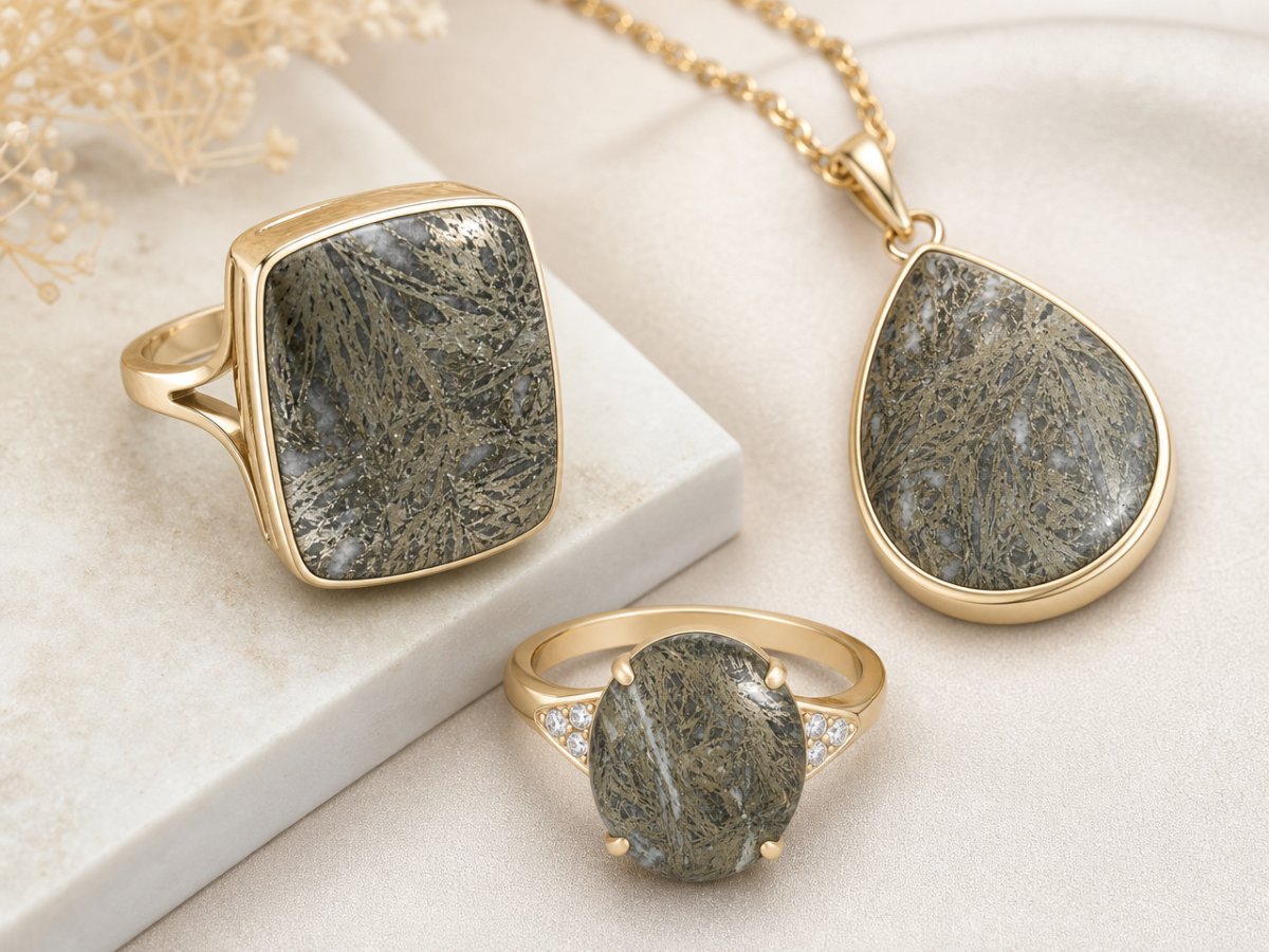Pierres précieuses de pyrite en forme de plume présentées en joaillerie