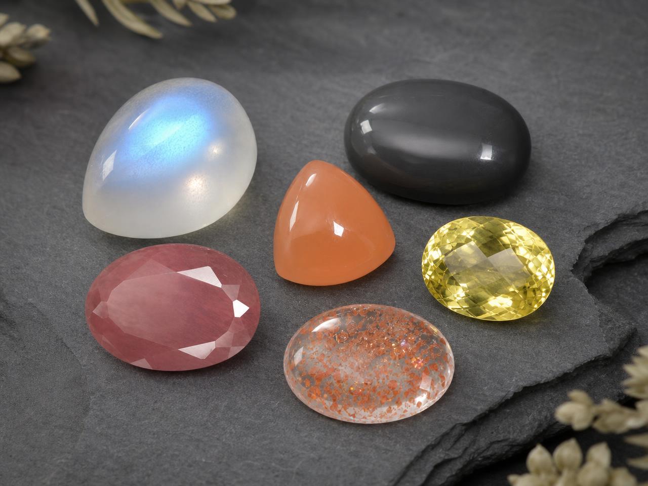 Assortiment de pierres précieuses de feldspath non taillées, notamment pierre de lune, labradorite et pierre de soleil