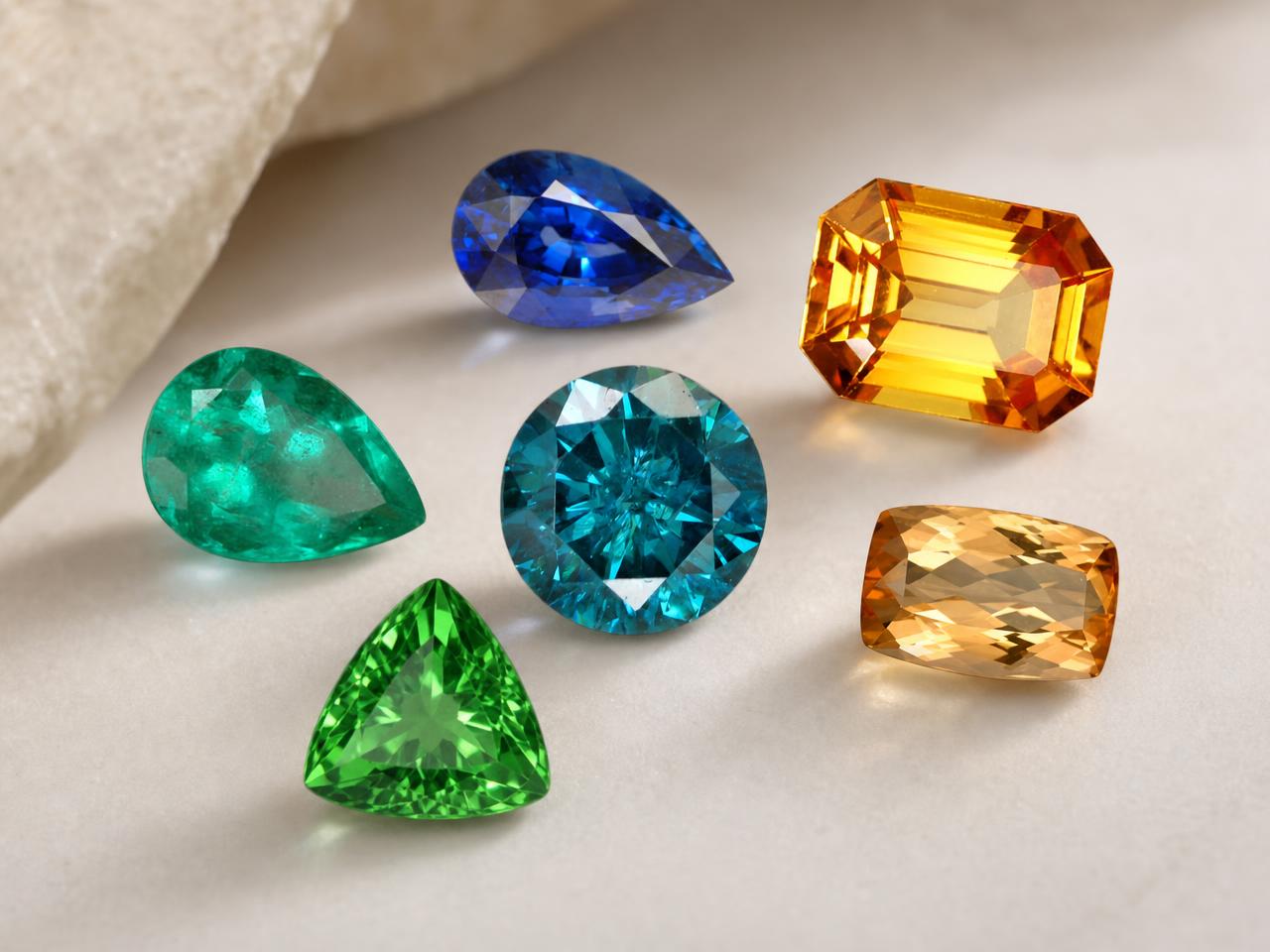 Pierres précieuses naturelles de luxe, en vrac, dans un assortiment de couleurs pour la joaillerie fine.