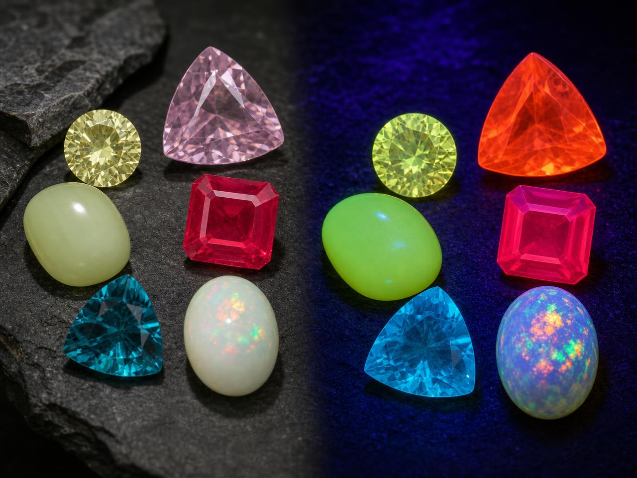 Pierres précieuses fluorescentes non montées, brillantes sous lumière ultraviolette